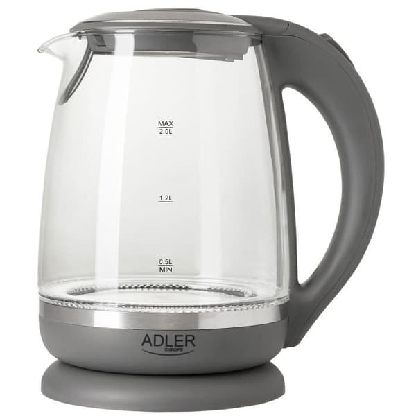 Adler AD1286 2200W Grå 34230 vattenkokare i glas 2 liter, belyst interiör, sladdlös