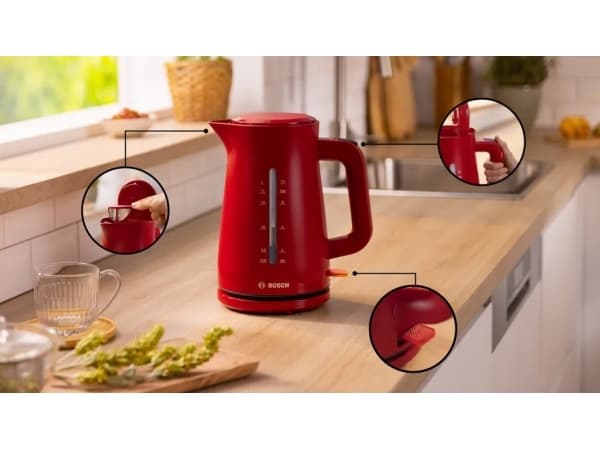Bosch TWK3M124, 1,7 l, 2400 W, Rød, Plast, Vannivåindikator, Overopphetingsbeskyttelse
