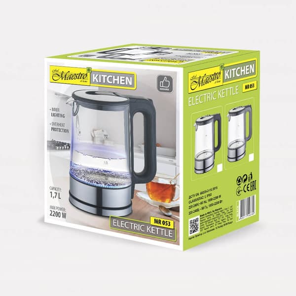 Elkedel MAESTRO MR-053-GRÅ glas 1,7 l 2200 W