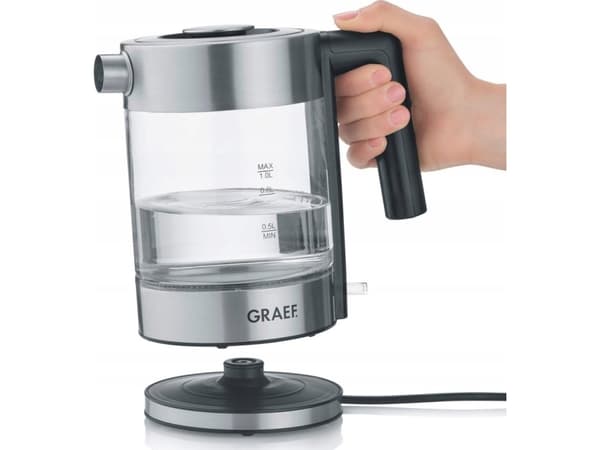 Graef WK300, 1 l, 2000 W, Svart, Rostfritt stål, Transparent, Glas, Vattennivå indikator, Överhettningsskydd