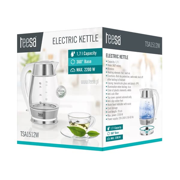 TEESA elkedel, glas + inox, 2200 W, hvid, 1,7 L