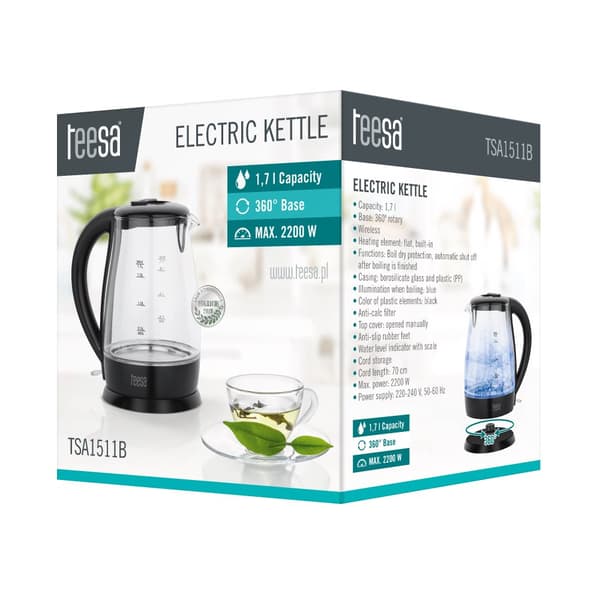 TEESA elkedel, glas, 2200 W, sort, 1,7 L