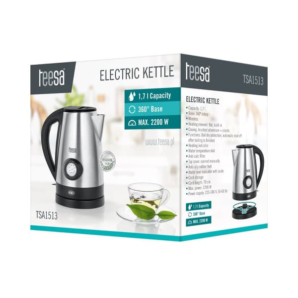 Vattenkokare med vattentemperaturindikator, TEESA, rostfritt stål, 2200W, 1,7L