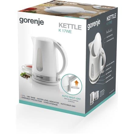 Gorenje | Vedenkeitin | K17WE | Sähkö | 2200 W | 1,7 L | Muovi + metalli | 360° pyörivä alusta | Valkoinen