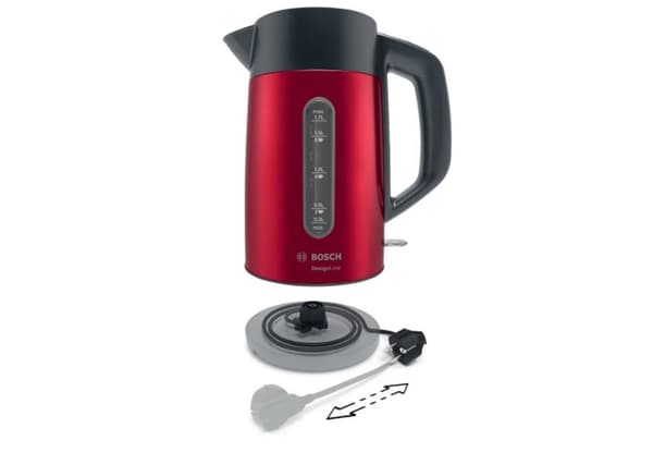 Bosch | Kedel | DesignLine TWK4P434 | Elektrisk | 2400 W | 1,7 L | Rustfrit stål | 360° rotationsbase | Rød/sort