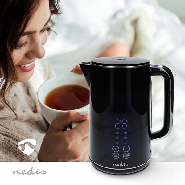Nedis Elkedel | 1.7 l | Plast | Sort | 50,60,70,80,90,100 °C | Temperaturindikator | Drejelig 360 grader | Skjult varmeelement | Strix®-controller | B