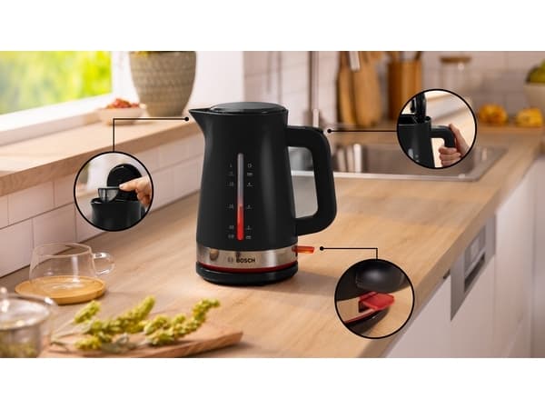 Bosch TWK4M223, 1,7 L, 2400 W, Musta, Veden tason ilmaisin, Johdoton