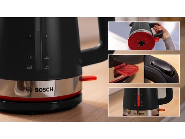 Bosch TWK4M223, 1,7 L, 2400 W, Musta, Veden tason ilmaisin, Johdoton
