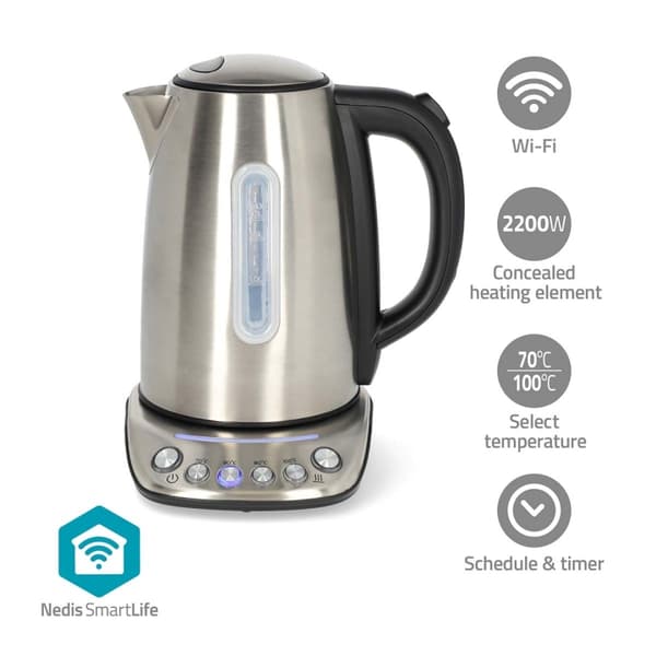 Nedis SmartLife Vedenkeitin | Wi-Fi | 1.7 l | Ruostumaton Teräs | 70,80,90,100 °C | Lämpötilailmaisin | Pyörivä 360 astetta | Piilotettu lämmityseleme