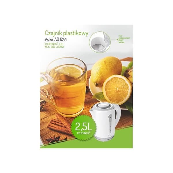 Plastvattenkokare - AD1244 - Vit - 2,5L - 2200W - Ljusindikator