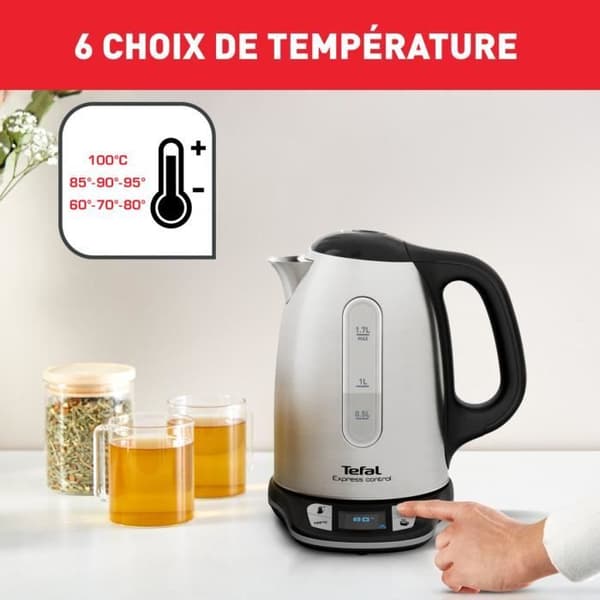 TEFAL Elektrisk vattenkokare 1,7 L, 2400 W, 7 justerbara temperaturer, Håll varm 60 min, Rostfritt stål, Express Control KI240D10