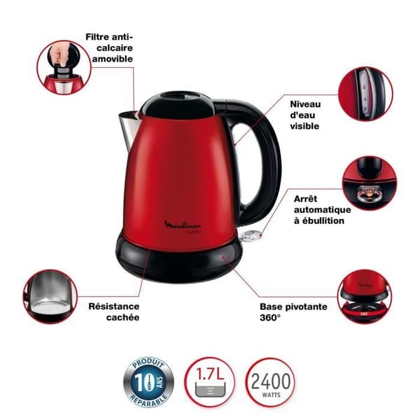 MOULINEX Subito Elektrisk vattenkokare, 1,7 L, Vridbar bas, Enkel öppning, Indikeringslampa, Automatisk avstängning BY540510