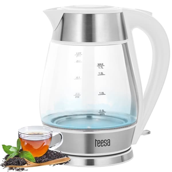 TEESA elkedel, glas + rustfrit stål, 2200 W, hvid, 1,7 L