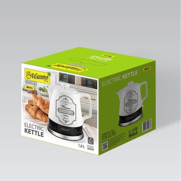Elektrisk keramisk vattenkokare 1L Maestro Base 360 graders automatisk avstängning 220-240V, ~50Hz, 1000W Keramikvit