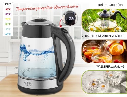 AD 1285 Lasinen vedenkeitin 1,7 L lämpötilasäädöllä.