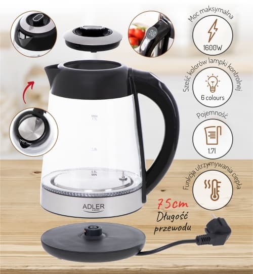 AD 1285 Lasinen vedenkeitin 1,7 L lämpötilasäädöllä.