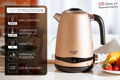 AD 1295 guld Metalkedel 1,7L med LCD & temperaturkontrol