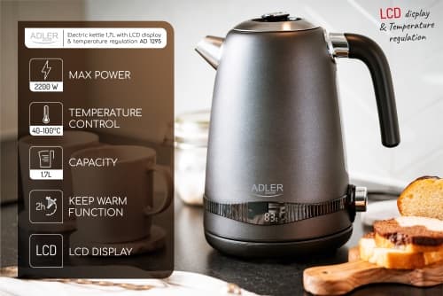 AD 1295 grå Metalkedel 1,7L med LCD & temperaturkontrol