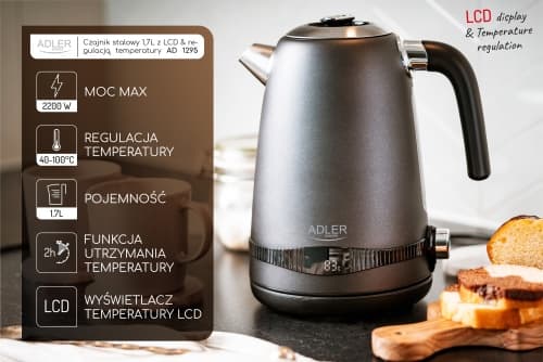 AD 1295 grå Metalkedel 1,7L med LCD & temperaturkontrol