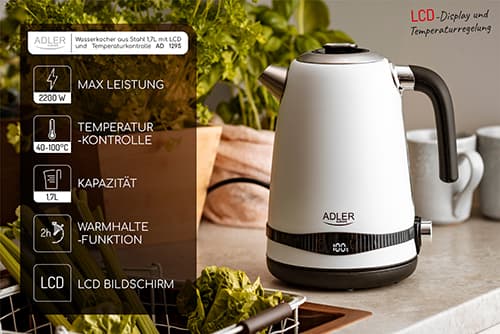 AD 1295 hvid Metalkedel 1,7L med LCD & temperaturkontrol