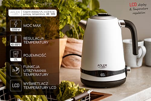 AD 1295 hvid Metalkedel 1,7L med LCD & temperaturkontrol