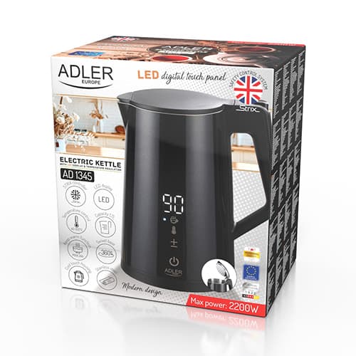 AD 1345 svart LED metall vattenkokare med temperaturkontroll 1,7L STRIX