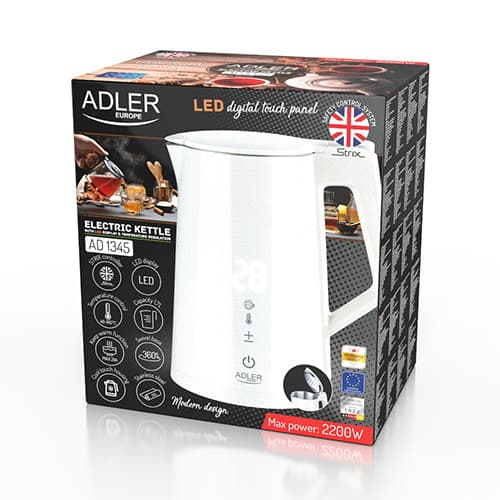 AD 1345 vit LED metall vattenkokare med temperaturkontroll 1,7L STRIX