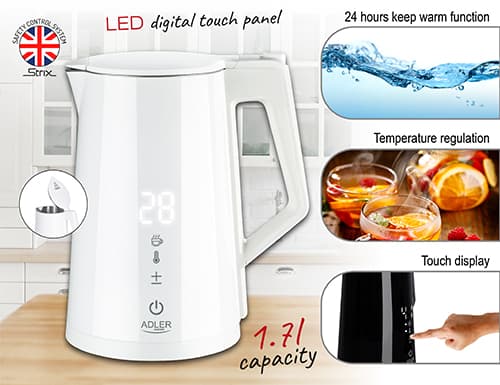 AD 1345 vit LED metall vattenkokare med temperaturkontroll 1,7L STRIX