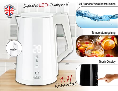 AD 1345 vit LED metall vattenkokare med temperaturkontroll 1,7L STRIX
