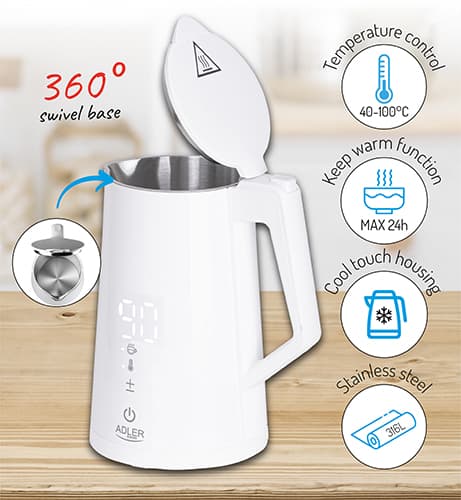 AD 1345 vit LED metall vattenkokare med temperaturkontroll 1,7L STRIX