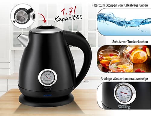 CR 1344 svart Metall vattenkokare med termometer 1,7L