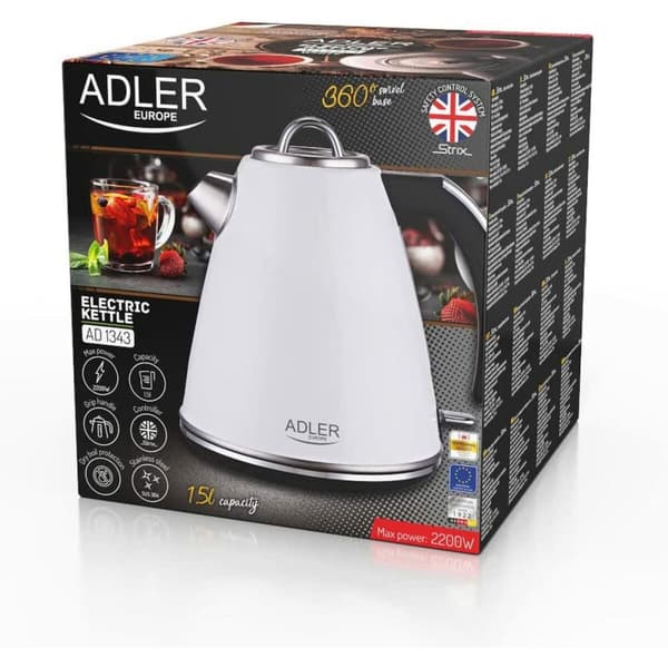 Vattenkokare Adler AD 1341 Vit Rostfritt stål 2200 W 1,5 L