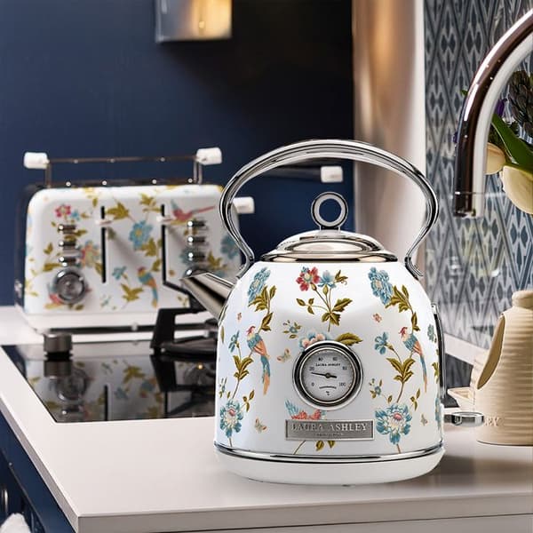 Elkettle - Laura Ashley - Elveden Vit - 1,7L, rostfritt stål, snabb kokning, indikator, integrerad termometer