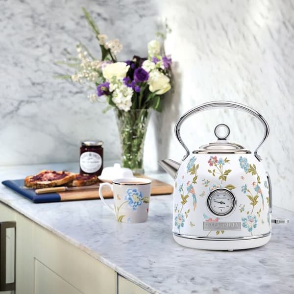 Elkettle - Laura Ashley - Elveden Vit - 1,7L, rostfritt stål, snabb kokning, indikator, integrerad termometer