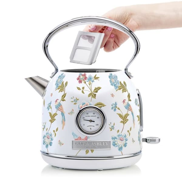 Elkettle - Laura Ashley - Elveden Vit - 1,7L, rostfritt stål, snabb kokning, indikator, integrerad termometer