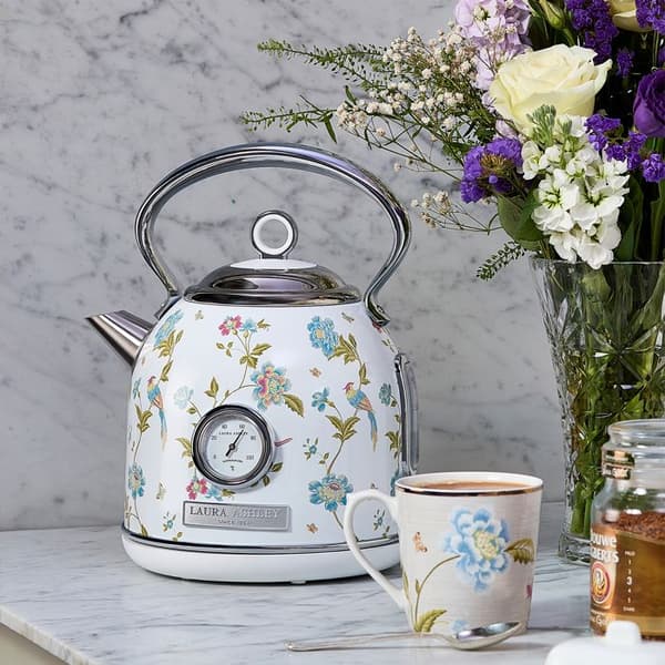 Elkettle - Laura Ashley - Elveden Vit - 1,7L, rostfritt stål, snabb kokning, indikator, integrerad termometer