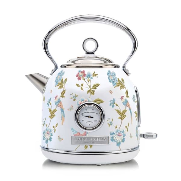 Elkettle - Laura Ashley - Elveden Vit - 1,7L, rostfritt stål, snabb kokning, indikator, integrerad termometer