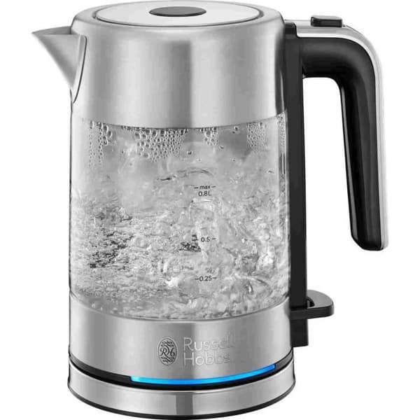 Vattenkokare i glas - RUSSELL HOBBS - Compact Home - 0,8 L - 2200 W - Energibesparing - LED-belysning - Automatisk öppning