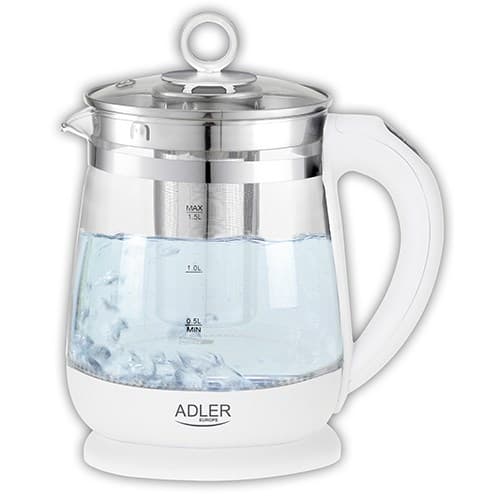 Adler | Elkedel | AD 1299 | Elektrisk | 2200 W | 1,5 L | Glas/Rustfrit stål | 360° roterende base | Hvid