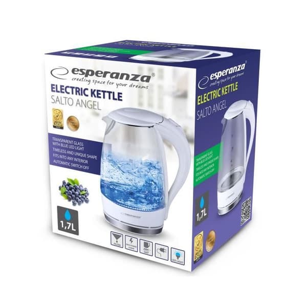 Vattenkokare - ESPERANZA - SALTO ANGEL - 1,7 L - 2200 W - Vitt glas