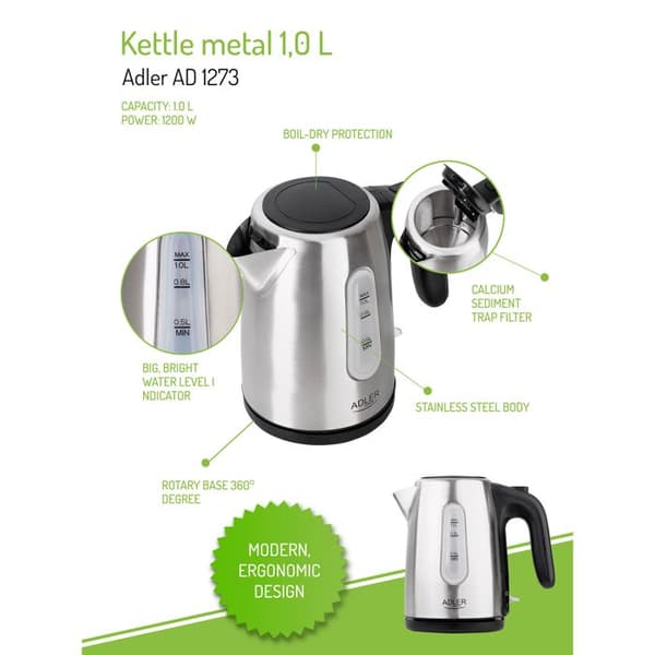 Elektrisk vattenkokare - ADLER - AD1273 - 1 liter - 1200 watt - Håll värmen - Anti-kalk - INOX
