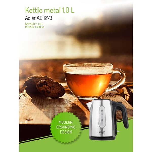 Elektrisk vattenkokare - ADLER - AD1273 - 1 liter - 1200 watt - Håll värmen - Anti-kalk - INOX