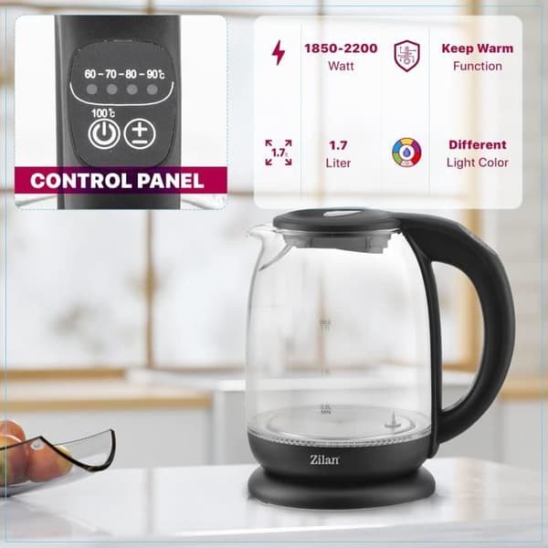 Zilan Vattenkokare i glas med digital skärm och LED, 1.7lt, 5 temperaturinställningar, 2200W