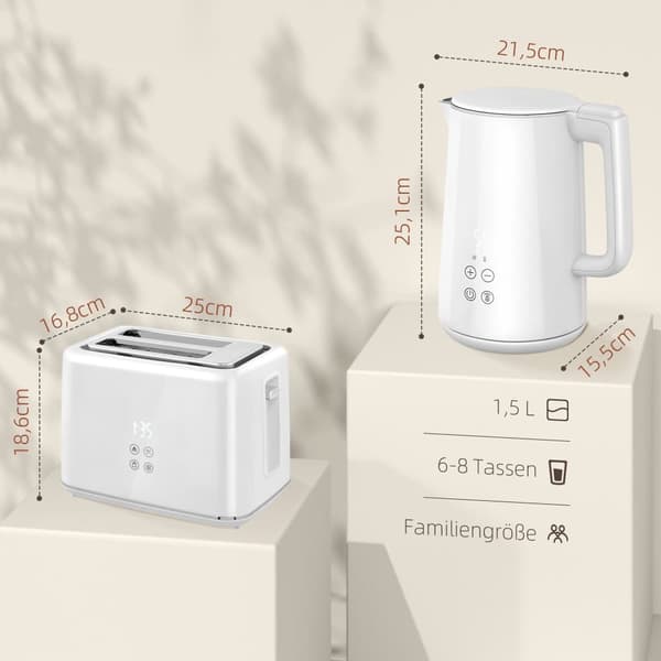 Kedel Toaster Sæt, 1.5L Kedel 2 Skive Toaster 2200W Morgenmadssæt, 21.5x15.5x25.1 cm (Kedel), 25x16.8x18.6 cm (Toaster), Hvid