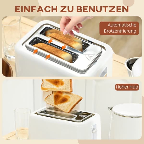 Kedel Toaster Sæt, 1.5L Kedel 2 Skive Toaster 2200W Morgenmadssæt, 21.5x15.5x25.1 cm (Kedel), 25x16.8x18.6 cm (Toaster), Hvid