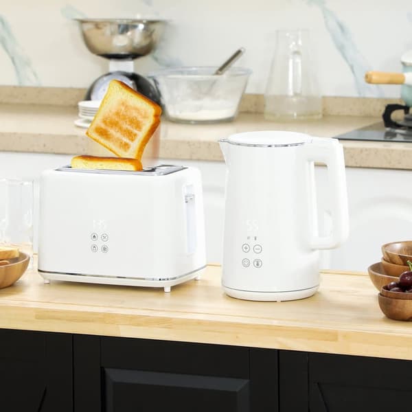 Kedel Toaster Sæt, 1.5L Kedel 2 Skive Toaster 2200W Morgenmadssæt, 21.5x15.5x25.1 cm (Kedel), 25x16.8x18.6 cm (Toaster), Hvid