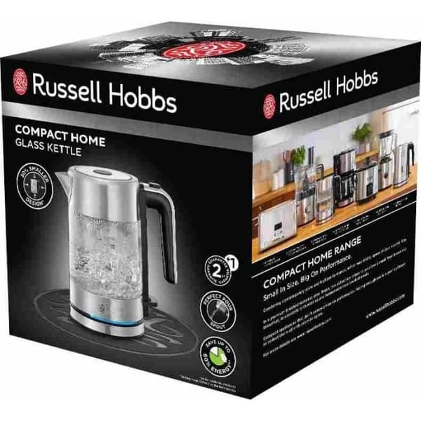 Glasvattenkokare - RUSSELL HOBBS - Kompakt Hem - 0,8 L - 2200 W - Energibesparande - LED-belysning - Automatisk öppning