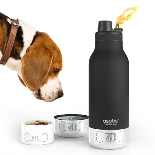 Asobu Buddy Bottle Ruostumaton teräspullo, jossa on 2 kulhoa - Musta
