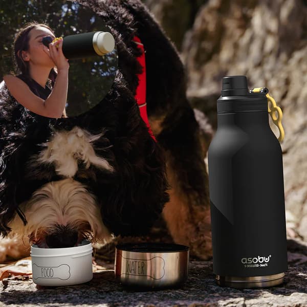 Asobu Buddy Bottle Ruostumaton teräspullo, jossa on 2 kulhoa - Musta