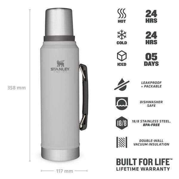 Thermos - STANLEY - Legendarisk Klassisk Flaska 1.0L - Grå - Rostfritt stål - Camping
